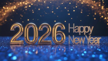 A festive New Year celebration scene for 2026 &mdash;
large golden &lsquo;2026&rsquo; numbers standing on a sparkling blue glitter surface, glowing softly under warm golden light