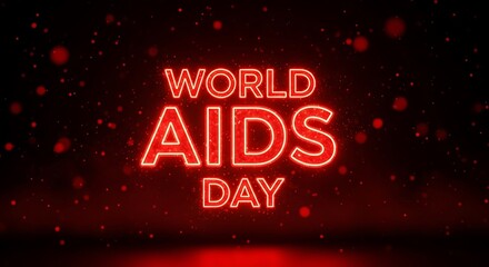 Glowing red neon sign for world aids day with falling red confetti
