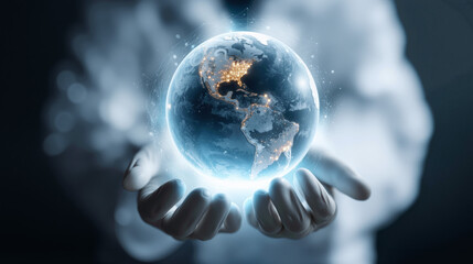 Scientist holds glowing holographic globe showcasing Earth in a modern laboratory