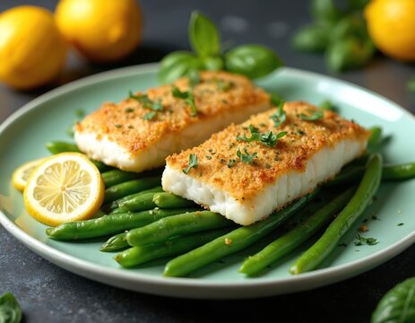 Two baked cod fillets with crispy herb crust sit atop steamed green beans. Lemon slices and fresh basil garnish this healthy seafood dish. Delicious ocean fare prepared for a satisfying meal.