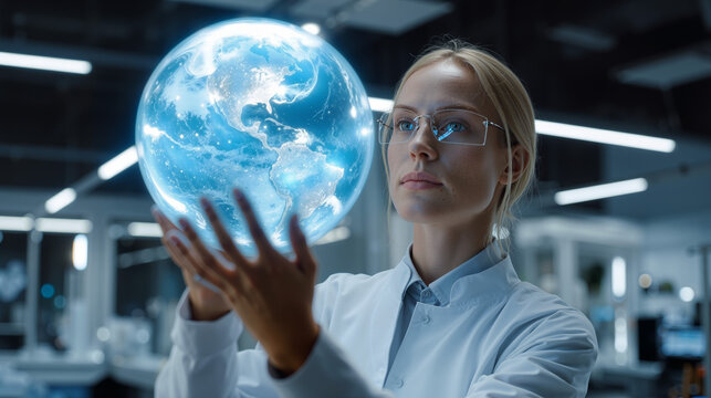 Scientist examines glowing holographic Earth in advanced laboratory setting at night - Powered by Adobe