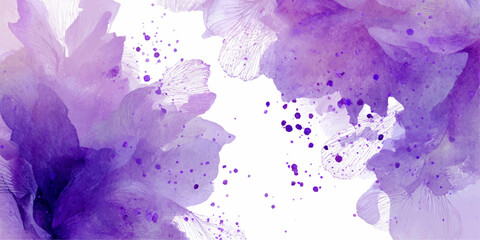 Abstract watercolor splashes and ink dots in vibrant purple and lavender hues on white background