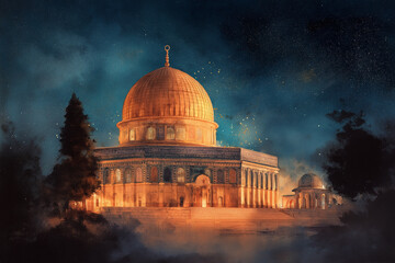 Fototapeta premium Night Journey to Al-Aqsa — Watercolor