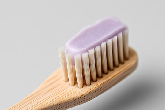 Eco-friendly bamboo toothbrush with light purple toothpaste close-up. Focus on sustainable oral hygiene and natural materials. Fresh breath, healthy gums, and a clean smile.