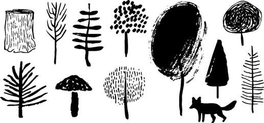 Minimalist abstract black and white forest doodles with trees and animals for design