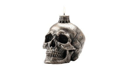 skull candle decor, realistic human skull with candle on top halloween decoration spooky horror theme gothic style macabre object wax light creepy skeleton ornamental design