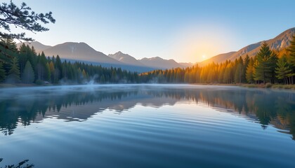 Fototapeta premium A panoramic view of a tranquil mountain lake at dawn, framed by a dense line of lush, vibrant pine trees, Soft golden sunlight filters through the mist rising from the waters surface