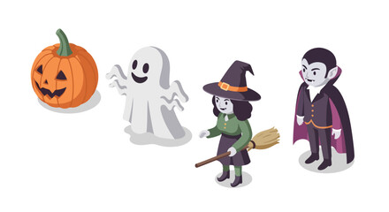Isometric Halloween Characters and Pumpkin for Festive Decorations, Party Invitations, and Spooky-Themed Design Projects, Perfect for Social Media and Event Promotions.