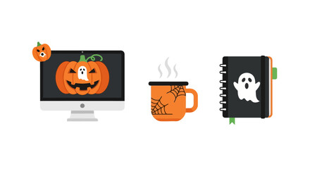Festive Halloween Desktop Setup Featuring Pumpkin Display, Hot Beverage Mug, and Ghost-Themed Notebook for Seasonal Designs and Celebratory Projects