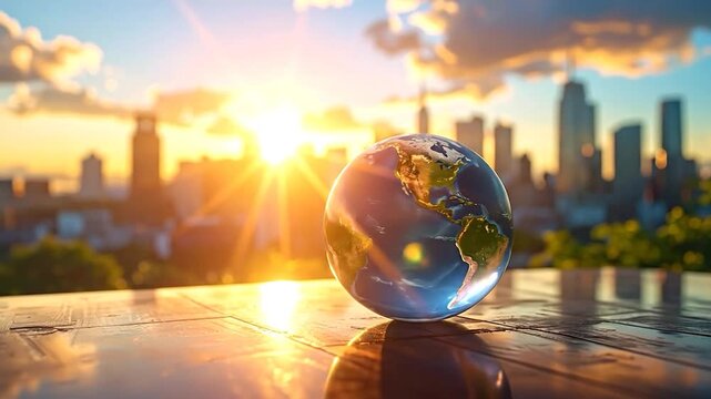 A glass globe of Earth sits on a surface, city silhouette and sunset backdrop