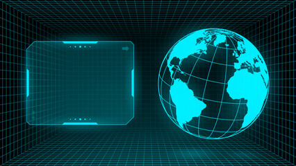 Transparent hud display and grid earth globus with digital space grid line background for future user interface design element overlay concept.
