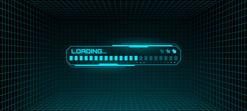 Loading progress bar on a virtual grid. Futuristic user interface element for digital display and game design. Technology background.