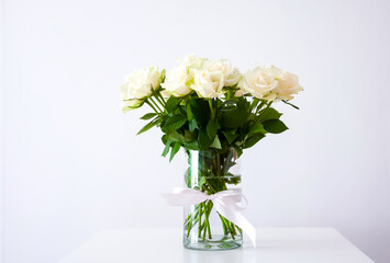 Pure white roses in gentle bouquet. A peaceful and elegant botanical scene.