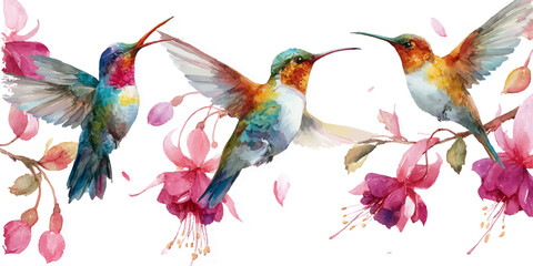  watercolor hummingbirds in flight amidst blooming pink flowers capturing nature's delicate beauty