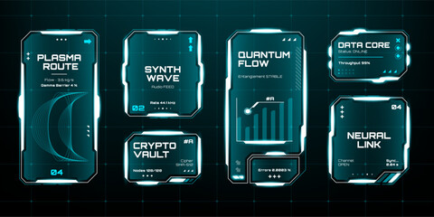 Plakat Futuristic blue HUD element set for data visualization. Digital panel with plasma route, quantum flow, and neural link for technology concept.