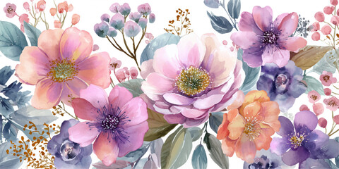 Soft focus pastel floral arrangement with delicate blooms and lush green foliage perfect for spring and summer themes