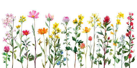 Charming collection of delicate wildflowers in vibrant colors creates a beautiful natural border or background design