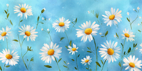  white daisies with yellow centers bloom vibrantly against a soft textured blue background for a charming floral scene
