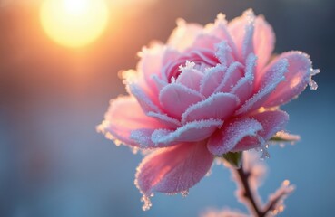 Pink flower covered with frost on a cold morning. Sun glows in background creating light effect. Delicate petals show ice crystals in close up.