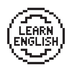 Pixelated learn english text in a retro speech bubble