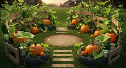 A whimsical pumpkin patch garden with recycled materials and glowing lights professional stock photography content