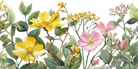  watercolor floral arrangement featuring yellow and pink blossoms with lush green foliage in a detailed botanical art style.