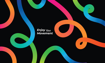 Colorful gradient ribbons flowing on black background with text Enjoy the Movement abstract blue