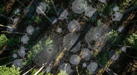 Aerial view shows numerous spiderwebs suspended among trees in a forest canopy professional stock photography content