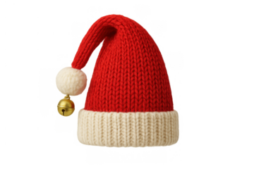 Red knitted christmas hat with pom-pom and jingle bell, celebrating winter holidays and festive season