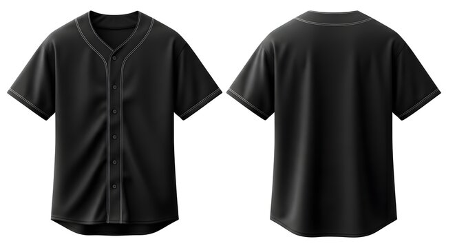 Black baseball jersey mockup, blank short sleeve sports shirt, plain front and back design isolated on white background