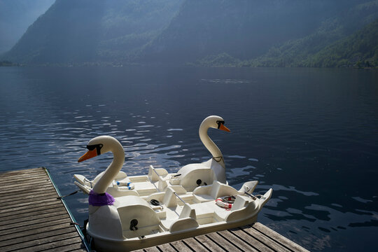 Two swan-shaped pedal boats moored at a wooden dock on a calm lake surrounded by mountains. Salzkammergut, Salt Domain, Dachstein Mountains, Austria