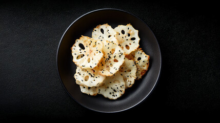 Crispy Lotus Root Chips with Black Sesame Seeds in Dark Bowl – Healthy Asian Snack, Vegan Appetiser