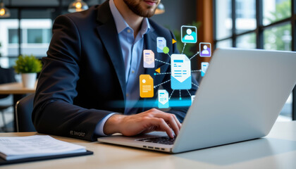 Businessman using laptop for electronic invoice management, digital document workflow