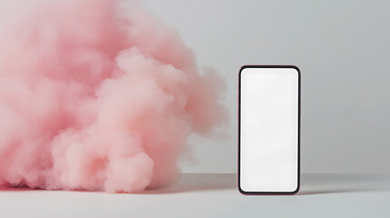 A smartphone with a blank white screen is shown against a light grey background. Next to it is a cloud of pale pink smoke, contrasting tech with ethereal touch.