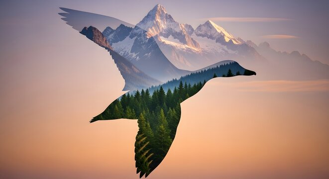Double exposure image of a flying duck silhouette filled with majestic snow-capped mountains and a dense evergreen forest against a warm sunset sky.