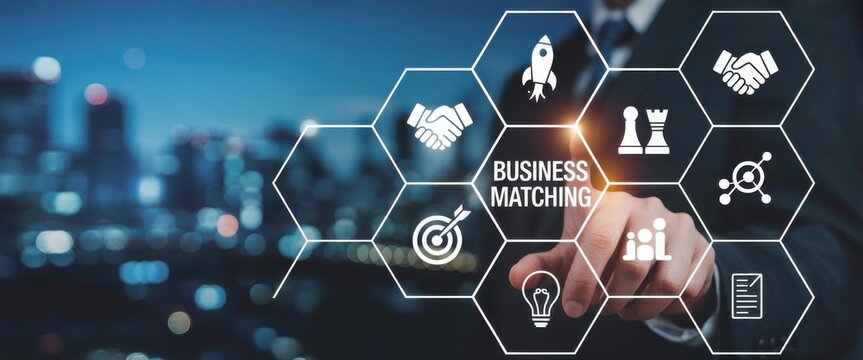 Navigating Business: A visual representation of business matching and strategic planning. A finger points toward digital interface containing interconnected icons.