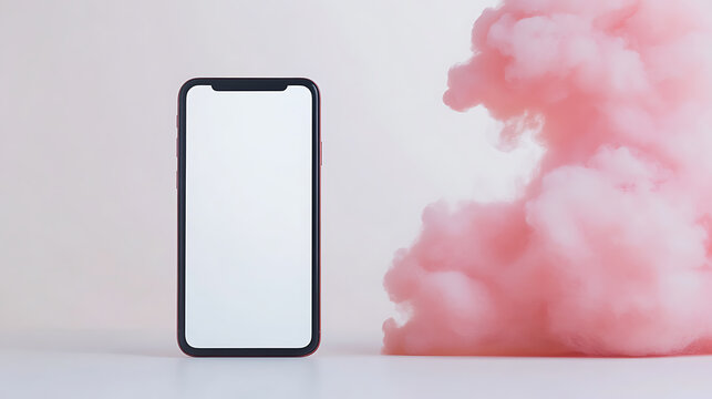 Sleek smartphone with a blank screen stands beside a soft, pink cloud. A fusion of technology and dreamlike fantasy, perfect for digital content, apps, and social media ads.