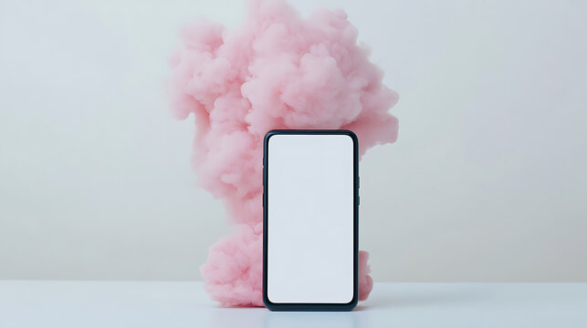 A sleek smartphone stands against a backdrop of vibrant pink smoke, merging technology with dreamy aesthetics. The blank screen invites personalization and possibility.