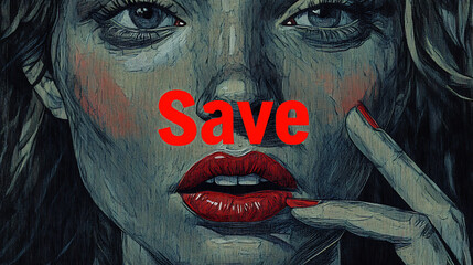  a woman with bright red lips and stylized details. 