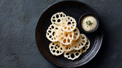 Crispy Lotus Root Chips with Creamy Dipping Sauce on Dark Plate