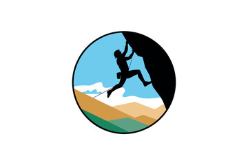 A silhouette of a rock climber ascending a steep cliff face against a scenic backdrop.