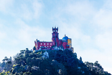 Northern view of historic Pena Palace in Sintra National Park, Portugal, as seen from Moorish Castle.