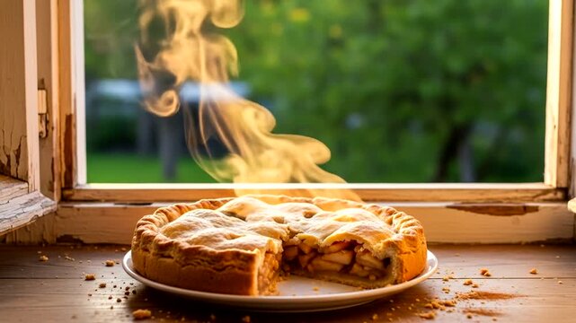 Freshly baked apple pie cooling on a windowsill with steam rising and lush greenery outside