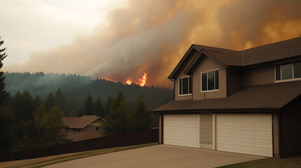 A wildfire rages on a hillside near a neighborhood, with smoke filling the sky. Houses stand in the foreground, highlighting the proximity of the fire danger.