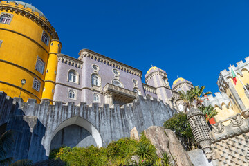 Historic 19th century Romanticist castle Pal&aacute;cio Nacional da Pena, or Pena Palace, on the hilltop of Sintra Mountains in Portugal.  UNESCO World Heritage Site.