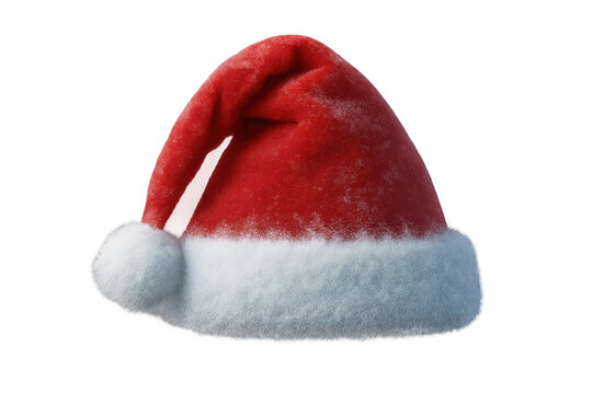 Red and white christmas hat with fluffy pompom, festive holiday season costume accessory on transparent background