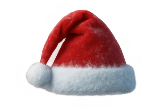 Red and white christmas hat with fluffy pompom, festive holiday season costume accessory on transparent background