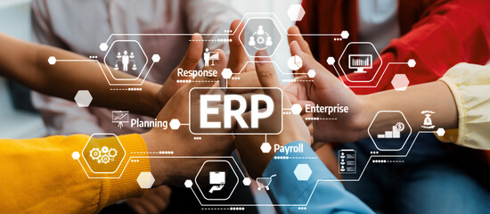 A dynamic visual representation of teamwork and collaboration in business, showcasing hands united with digital elements symbolizing enterprise resource planning. Amity