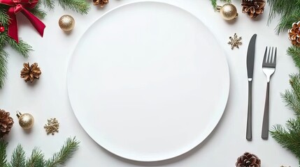 Create a festive centerpiece with an elegant table setting featuring a blank plate, cutlery, and charming Christmas decorations above a light backdrop