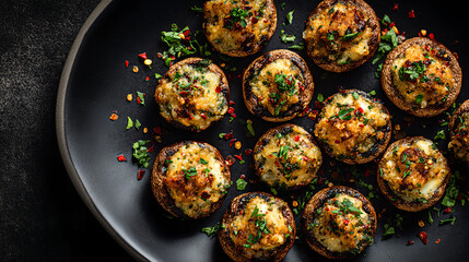Delicious Stuffed Mushrooms with Herbs and Spices on Black Plate